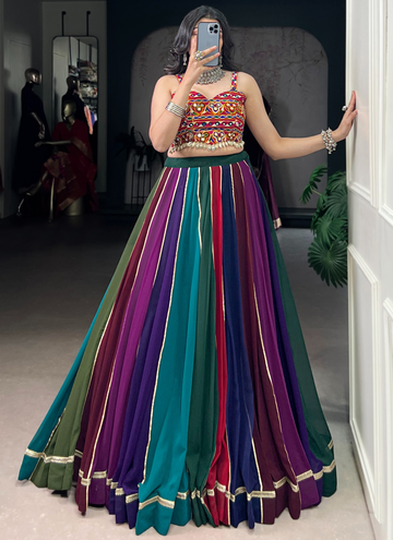 Gamthi Embroidered Real Mirror Georgette Multi Color Lehenga Choli