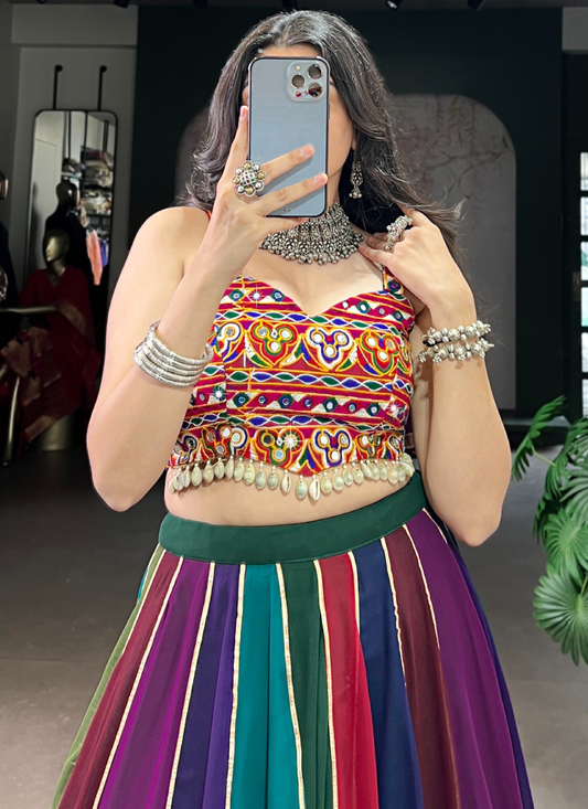 Gamthi Embroidered Real Mirror Georgette Multi Color Lehenga Choli