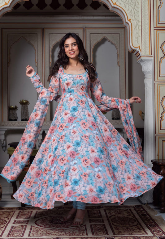 Gatika Digital Flower Printed Anarkali Suit with Dupatta For Function