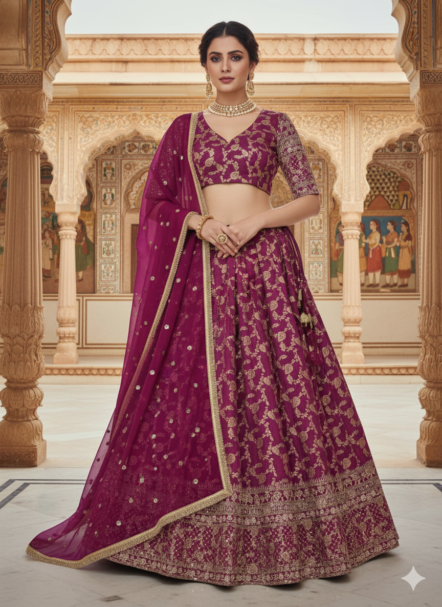 Majestic Wine Color Embroidered Silk Lehenga Choli with Dupatta