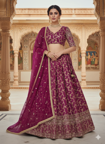 Majestic Wine Color Embroidered Silk Lehenga Choli with Dupatta