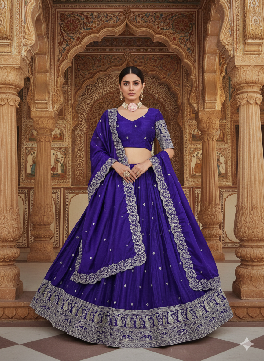 Royal Blue Embroidered Silk Lehenga Choli with Dupatta