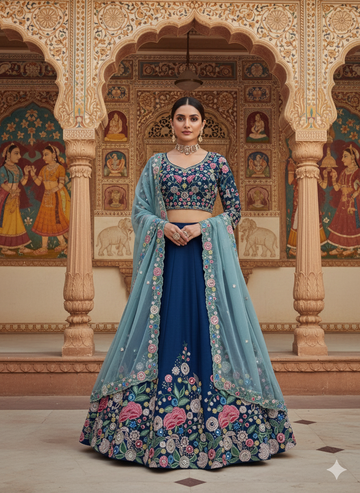 Designer Blue Lehenga with Multi-Color Floral Embroidery