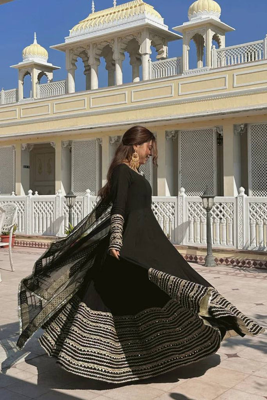 Ghazal Black Embroidered Kali Cut Gown Set For Wedding