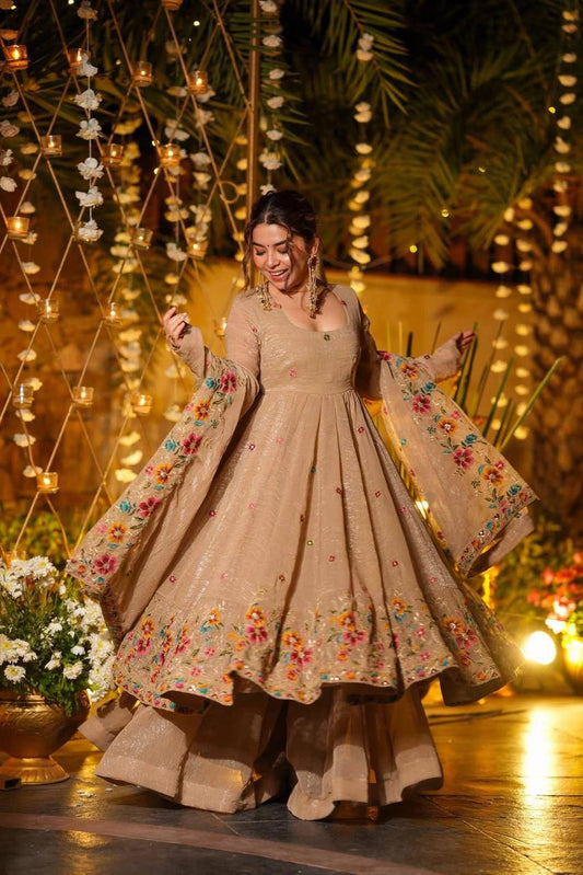 Golden Sand Embroidered Sharara Suit with Dupatta For Wedding