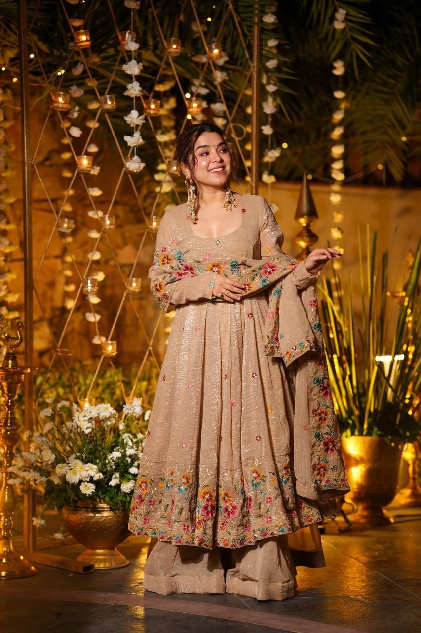 Golden Sand Embroidered Sharara Suit with Dupatta For Wedding