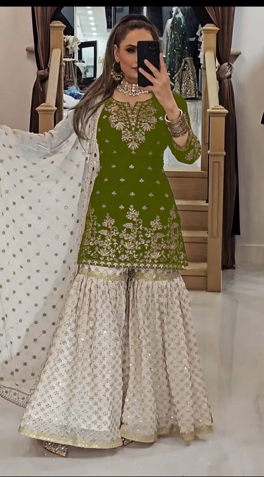 Good Looking Parrot Color Heavy Embroidery Sequence Work Sharara Suit Set