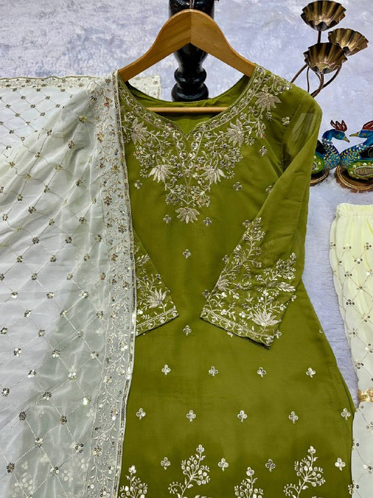 Good Looking Parrot Color Heavy Embroidery Sequence Work Sharara Suit Set