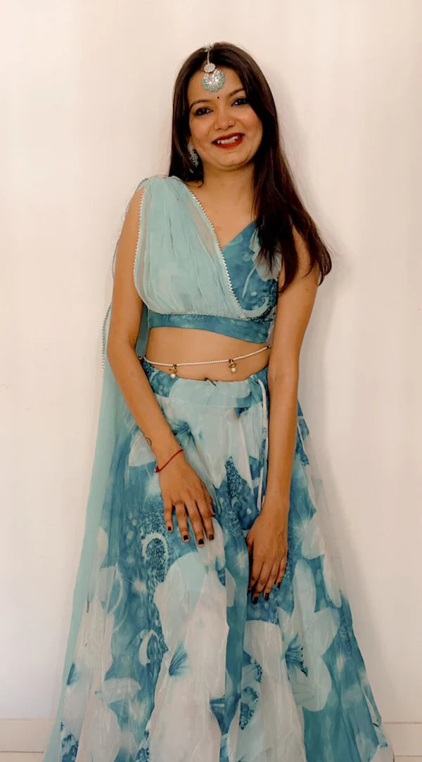 Gorgeous Sky Blue Color Lehenga Blouse With Attach Dupatta