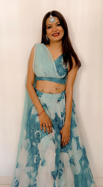 Gorgeous Sky Blue Color Lehenga Blouse With Attach Dupatta