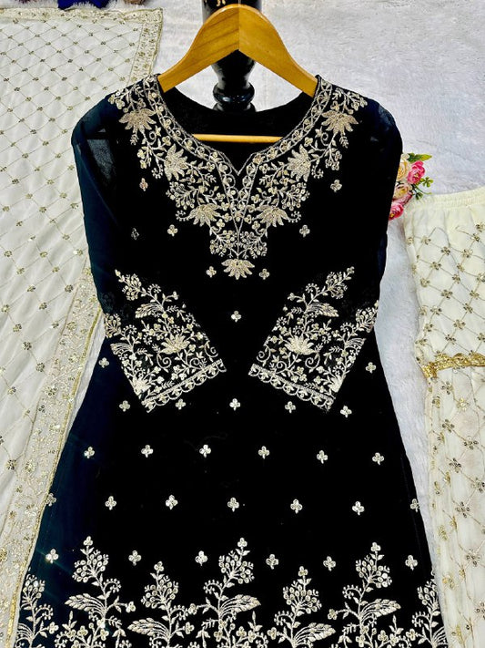 Gorgeous Black Color Embroidery Sequence Work Sharara Suit