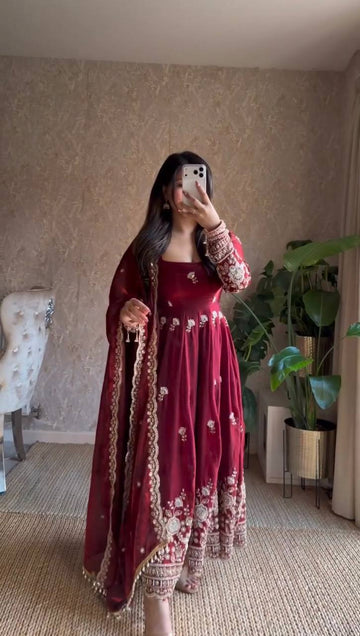 Gorgeous Maroon Fendy Silk Zari Sequence Work Anarkali Suit Set With Dupatta