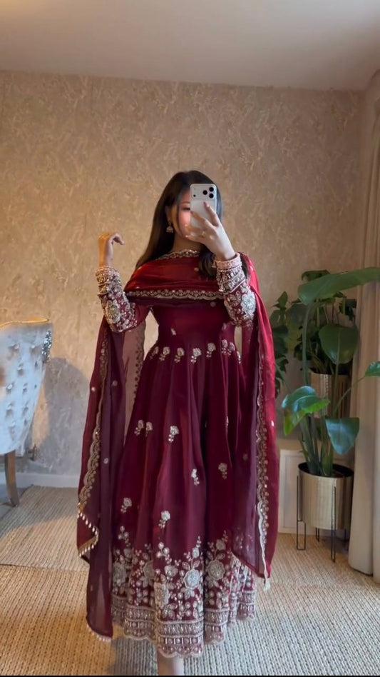 Gorgeous Maroon Fendy Silk Zari Sequence Work Anarkali Suit Set With Dupatta
