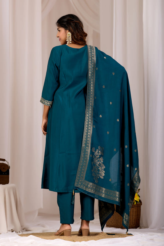 Gorgeous Navy Blue Embroidery Neck Design Cotton Straight Kurta Pant Set With Dupatta