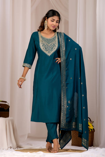 Gorgeous Navy Blue Embroidery Neck Design Cotton A-Line Kurta Pant Set With Dupatta
