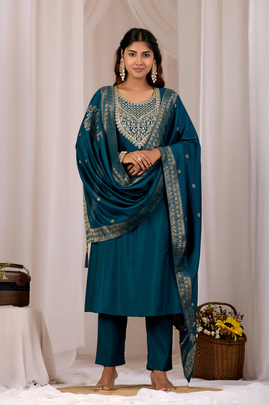 Gorgeous Navy Blue Embroidery Neck Design Cotton A-Line Kurta Pant Set With Dupatta