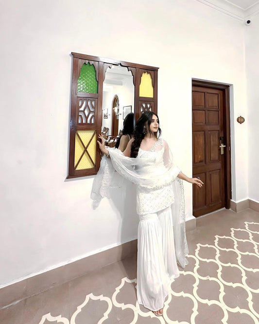 Graceful White Embroidered Kurta And Sharara Set With Dupatta