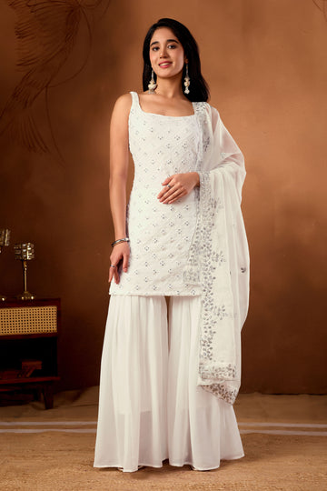Graceful White Embroidered Kurta And Sharara Set With Dupatta
