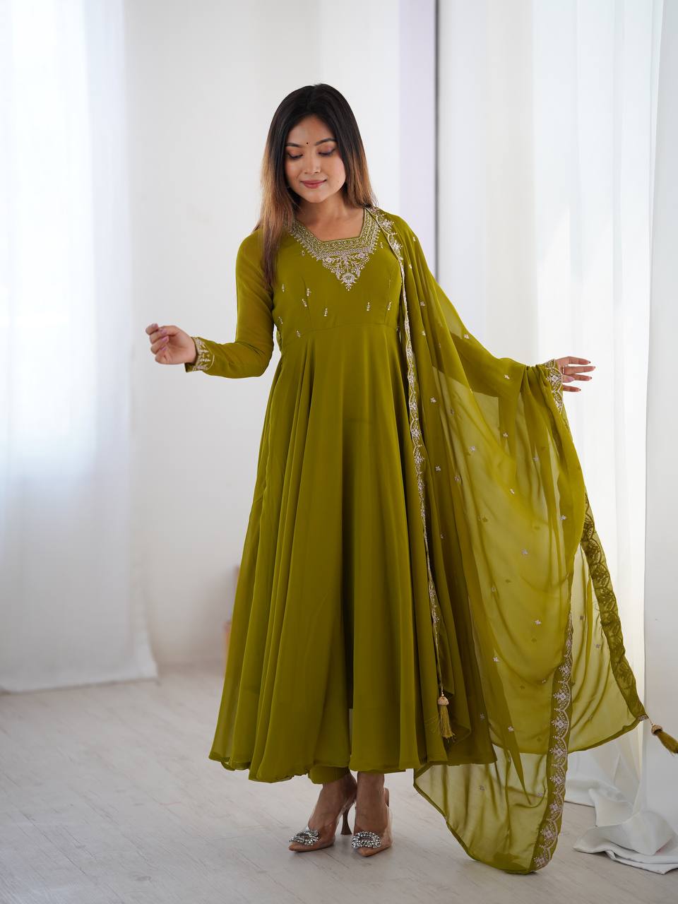 Graceful Mehndi Color Anarkali Gown