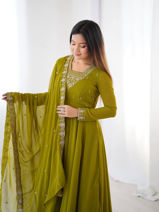 Graceful Mehndi Color Anarkali Gown