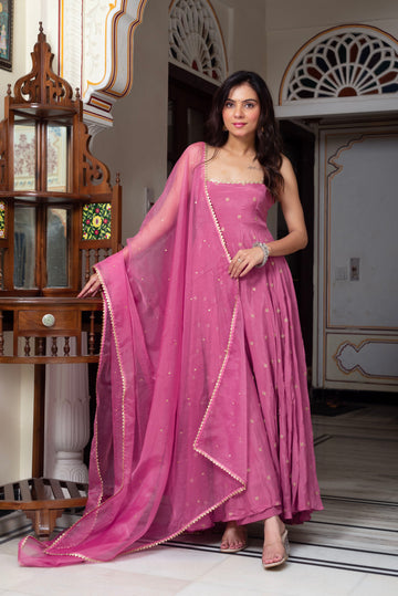 Gravity Pink Anarkali Suit Set With Golden Embelishment And Dupatta