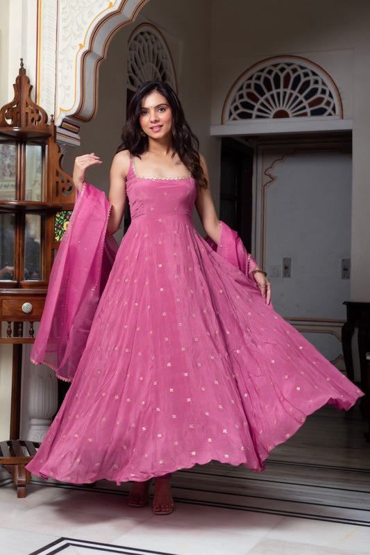 Gravity Pink Anarkali Suit Set With Golden Embelishment And Dupatta