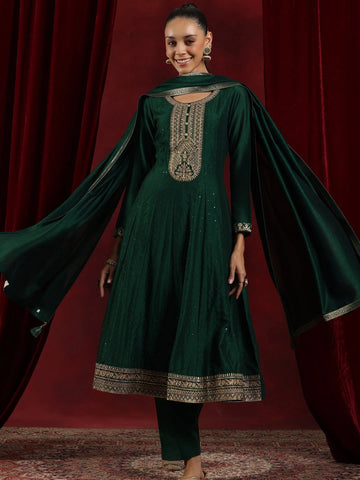 Green Embroidered Neck Design A-Line Kurta Suit Set With Dupatta