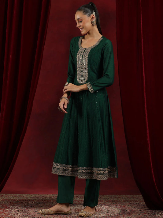 Green Embroidered Neck Design A-Line Kurta Suit Set With Dupatta
