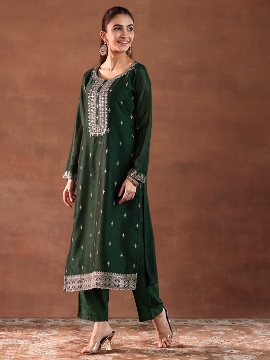 Green Embroidered Straight Kurta Salwar Suit Set With Dupatta