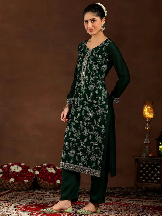 Green Embroidered Straight Kurta Suit Set With Dupatta