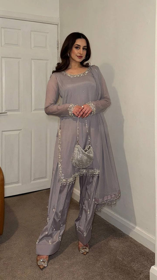 Grey Kurta And Farshi Palazzo Georgette With Embroidery Work Plazzo Suit