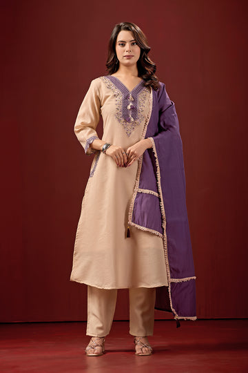 Gulnaar Cream Embroidered Neck Design Suit Set With Purple Dupatta