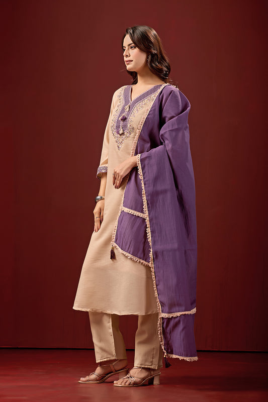 Gulnaar Cream Embroidered Neck Design Suit Set With Purple Dupatta