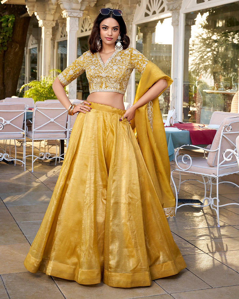 Haldi Special Mustard Color Goldie Silk Lehenga Choli