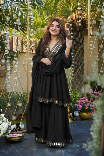 Heavenly Black Party Wear Real Mirror Work Palazzo Suit Set