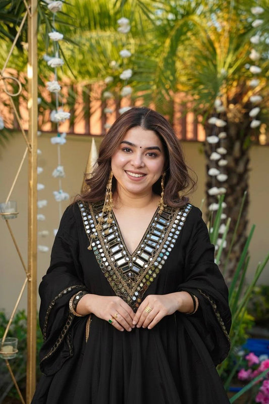 Heavenly Black Party Wear Real Mirror Work Palazzo Suit Set