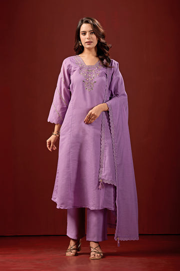 Heritage Violet Embroidered Festive Kurta Suit Set With Dupatta