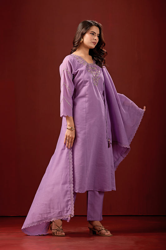 Heritage Violet Embroidered Festive Kurta Suit Set With Dupatta