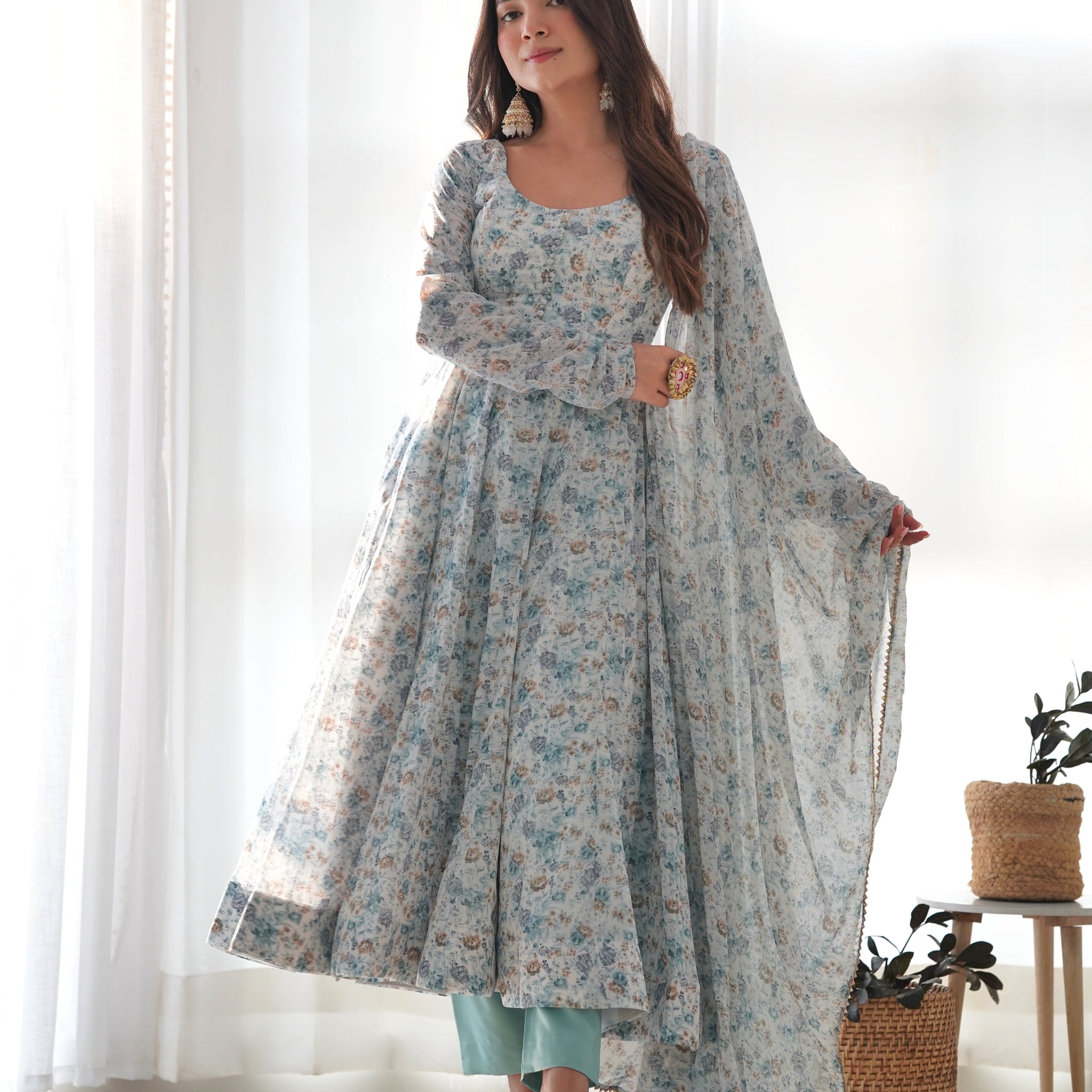 White & Sea Printed Organza Chiffon Anarkali With Pent