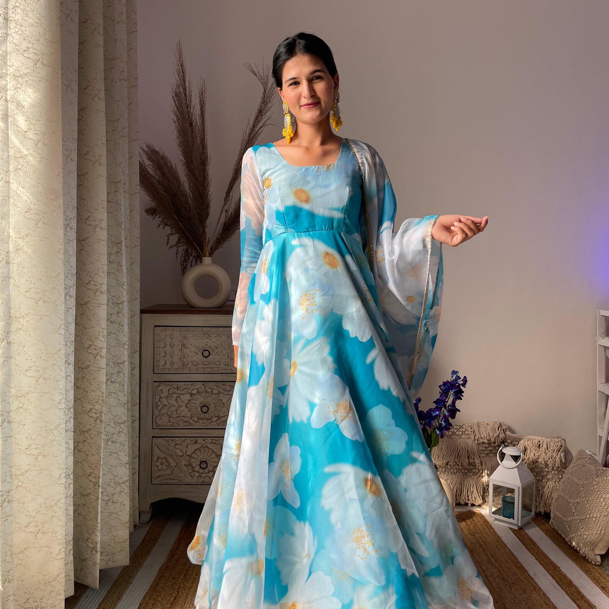 Blue Floral Digital Printed Pure Organza Gown
