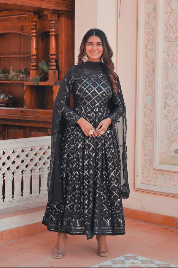 Black Lucknowi Sequins Work V NECK Gown pent and duptta Anarkali suit set