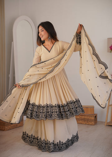 Designer Premium Faux Georgette Suit Set with Embroidery and Fully Stitched Plazzo
