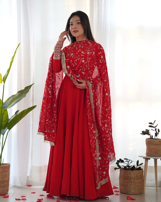 Red Anarkali Georgette Gown With Golden Dupatta Set