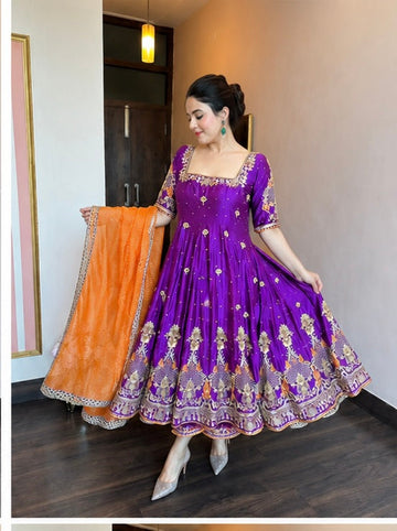 Purple Embroidered Zari Sequins Gown for Women with Dupatta