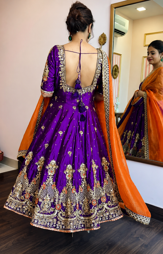 Purple Embroidered Zari Sequins Gown for Women with Dupatta