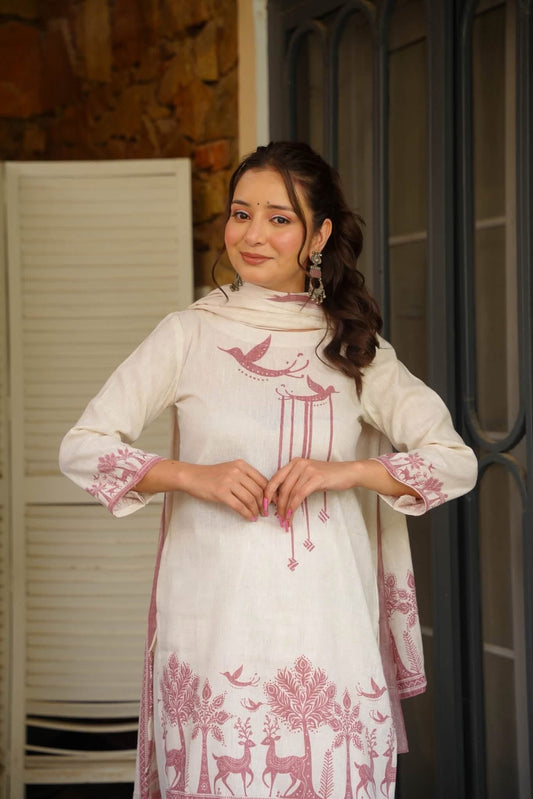 Women's Off White Cambric Cotton Kurta Set with Farshi Salwar & Printed Dupatta | Fully Stitched | Premium Cotton Ethnic Wear