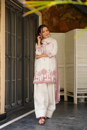 Women's Off White Cambric Cotton Kurta Set with Farshi Salwar & Printed Dupatta | Fully Stitched | Premium Cotton Ethnic Wear