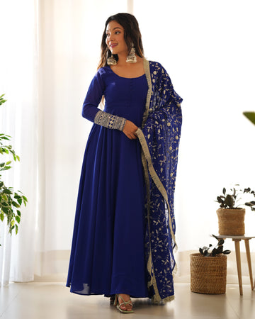 Royal Blue Color Soft Georgette With Heavy Embroidery Work Dupatta Anarkali Suit