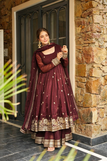Azira Maroon Premium Anarkali Suit Set for Women with Dupatta
