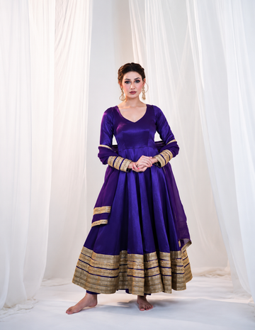 Purple Embroidered Anarkali Gown Set for Women with Dupatta